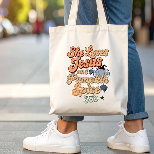 She Loves Jesus and Pumpkin Spice Too Tote Bag